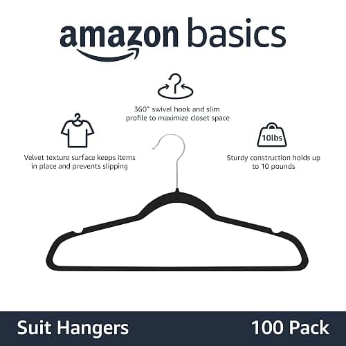 Amazon Basics Slim Velvet Non-Slip Space Saving Suit Clothes Hangers, Closet Organizer, Black/Silver, 100-Pack thumbnail 4