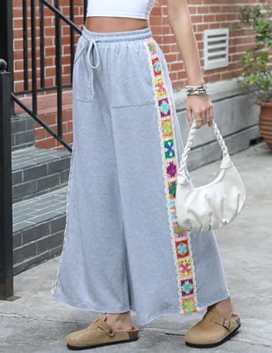 Fenclushy Womens Wide Leg Pants Stretch Casual Drawstring Waist Loose Lounge Sweatpants Crochet Panel Pant with Pocket thumbnail 2