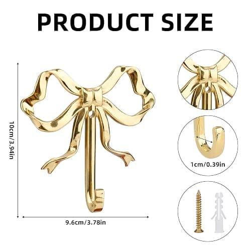 2pcs Bow Knot Wall Hooks, 3.9x3.8in Gold Bow Knot Coat Hooks Cute Butterfly Door Hangers Decorative Bows Wall Hook for Coats Hats Bags Towels Coffee Mugs thumbnail 3