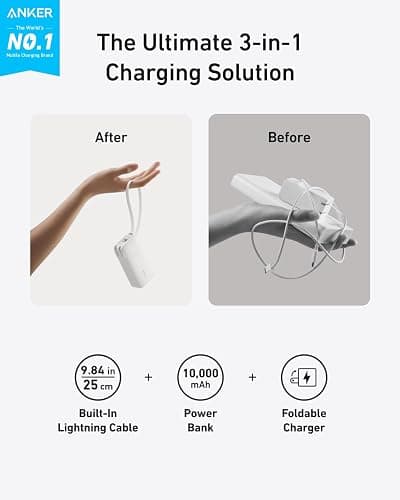 Anker Nano 3-in-1 Power Bank, Foldable AC Plug, 10,000mAh, 30W Two-Way Fast Charging, Built-in Lightning Cable (Not for iPhone 16/15 Series), Compatible with iPhone 14 Series, AirPods, and More thumbnail 2