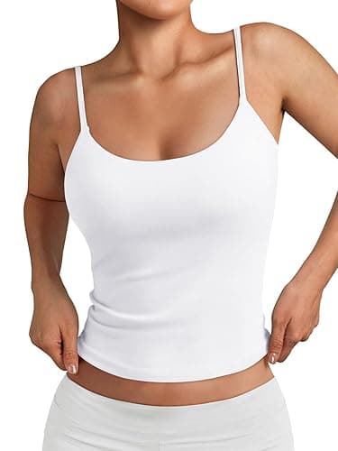 Trendy Queen Womens Spaghetti Strap Tank Top Summer Double Lined Workout Camisole Going Out Cute Tops Y2k Teen Girl Basic - White - Small