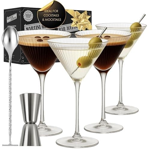 VEMACITY - Ribbed Martini Glasses Set of 4 | Silver Bar Tools - 8oz Cocktail Glasses | Espresso Martini, Margarita, Manhattan, Cosmopolitan - Art Deco Cocktail Gift Set | Ideal for Martinis - Image 1