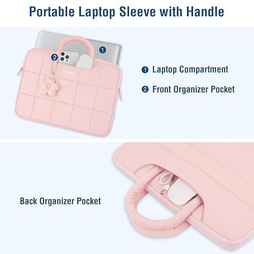 MOSISO 13-14 inch Laptop Case, 13.3 inch Puffy Laptop Sleeve Compatible with MacBook Air 13 13.6/Pro 13/Pro 14,HP Acer Dell ASUS Lenovo, Rectangle Quilted Computer Bag with Handle&Flower Pendant, Pink thumbnail 2