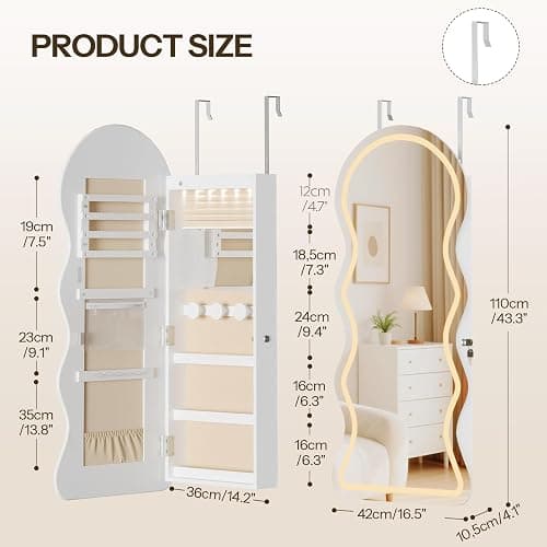 HOOBRO LED Mirror Jewelry Cabinet, Wall/Door Mounted Jewelry Organizer, Jewelry Aromire with Wavy Mirror Full Length, Lockable Jewelry Storage Cabinet, Interior Mirror, 16.5" x 4.1" x 43.3", White thumbnail 2