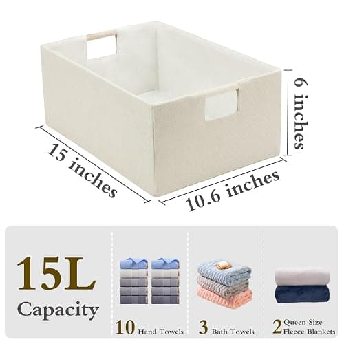 Foldable Fabric Storage Basket for Shelves, Linen Decorative Storage Bin with Wooden Handles, Small Organizer Cube for Closet, Rectangle Canvas Box for Organizing, Decor, 15x10.6x6 Inches (Beige) thumbnail 3