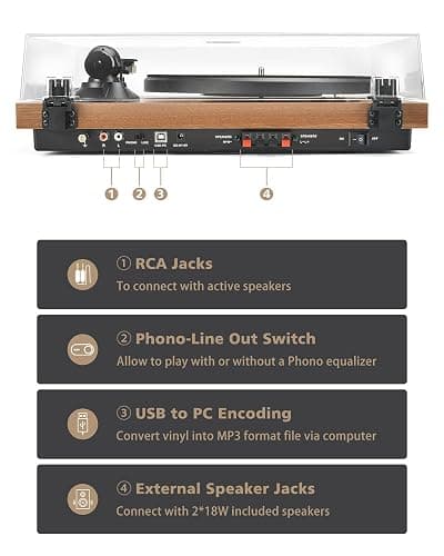 Record Player Vinyl Bluetooth Turntable with 36 Watt Stereo Bookshelf Speakers, Hi-Fi System with Magnetic Cartridge, USB Recording and Auto Stop thumbnail 4