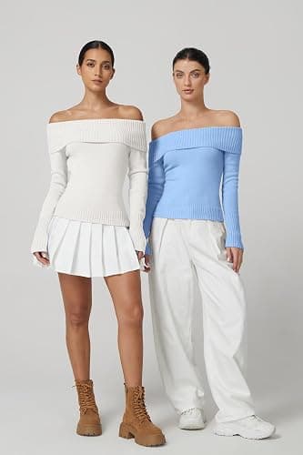 QINSEN Cotton Off The Shoulder Sweater for Women Long Sleeve Ribbed Knit Pullover Sweater Slim Fit Going Out Tops thumbnail 6