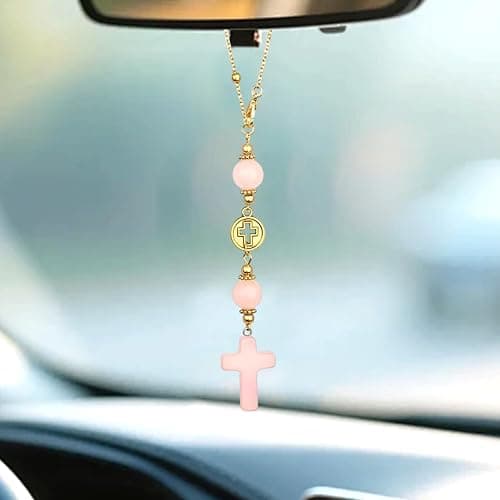 Car Rear View Mirror Accessories Car Hanging Ornament, Cross Unique Rearview Decor Charm Rose Quartz Crystal Beads Cross Swinging Interior Decor for Women Men (Pink) - Image 1
