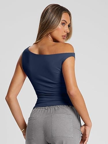 Trendy Queen Womens Summer Off The Shoulder Tops Going Out T Shirts Crop Tank Top Fashion Clothes Spring Outfits 2025 - Small - Navy thumbnail 4