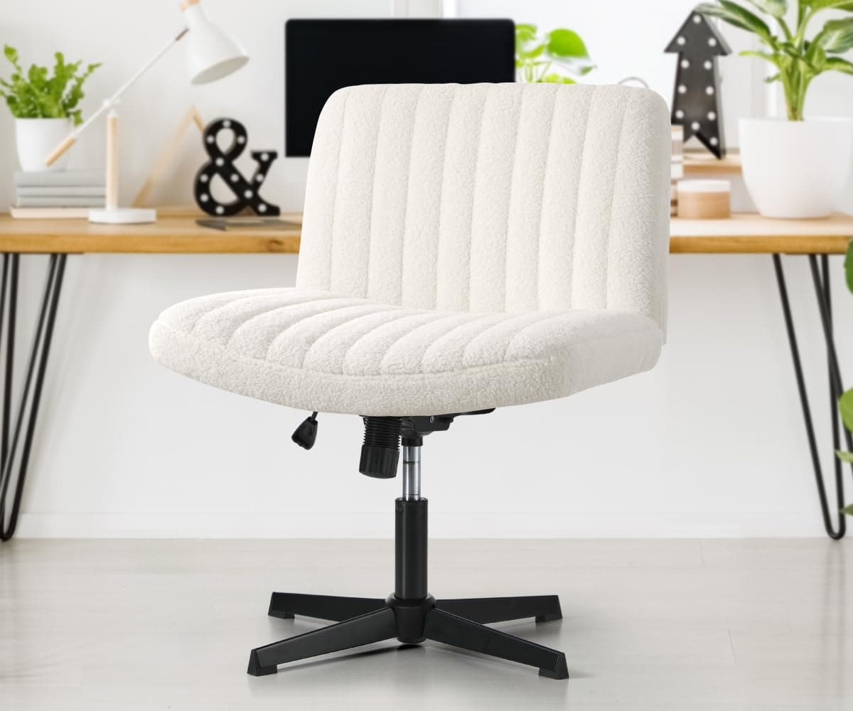 Oikiture Home Office Chair with Sherpa Fabric and Wider Seat White Cross Legged Office Chair thumbnail 9
