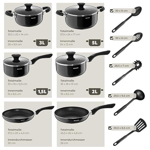 tectake® 15tlg Set mit 5x Küchenhelfer, 2x Pfanne, 4x Topf, jeweils mit Deckel, Kochtopf Set Antihaft Beschichtung, Töpfe + Pfannen aus Aluminium, Zubehör für Haushalt, Camping und Küche thumbnail 6