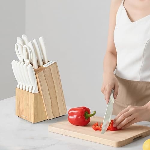 LIN ZHI REN 15 Piece Knife Set，Kitchen Knife Block Set，White stainless steel knife set with sharpener for Chopping, Slicing, Dicing & Cutting，Dishwasher safe thumbnail 2