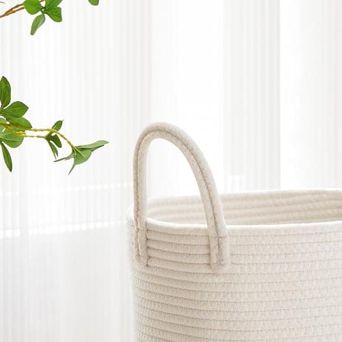 VIPOSCO 58L Tall Woven Laundry Basket Hamper, White | Cotton rope basket, collapsible wicker hamper, panier a linge, storage for gift, blanket, dirty clothes, for bathroom thumbnail 4