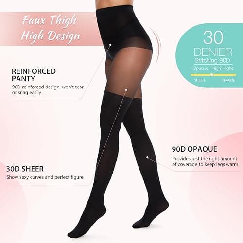 MANZI Women's Faux Thigh High Tights Mock Over the Knee Socks Black Opaque Goth Tights Stitching Sheer Pantyhose thumbnail 3