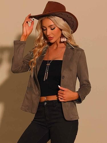 Allegra K Faux Suede Blazer for Women Lapel Collar Button Front Long Sleeve Jacket Casual Office Wear thumbnail 4
