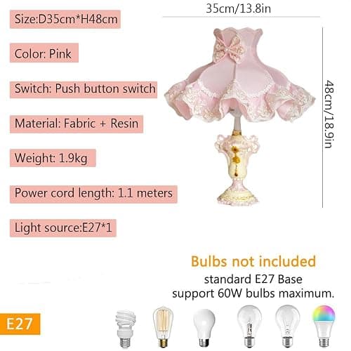 WISHVYQ European Style Pink Table Lamps Victorian Desk Lamp American Retro Handmade Fabric Lampshade with Resin Lamp Body Bedside Lamp for Girl's Bedroom Office Living Room thumbnail 2