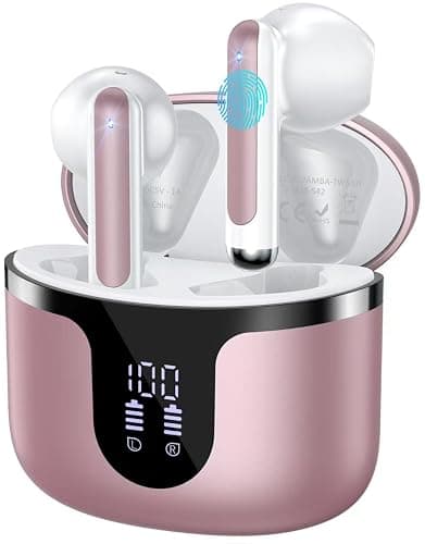 Wireless Earbuds, Bluetooth 5.3 Headphones Deep Bass Stereo Sound with ENC Noise Cancellation Wireless Headphones with 50H Playback and LED Display, IPX7 Waterproof Ear Buds Rose Gold - Image 1