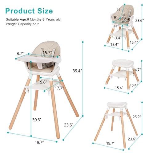 Komcot High Chair, 6 in 1 Wooden Convertible High Chairs for Babies and Toddlers, Booster Seat with Double Tray & Reversible Footrest Baby Highchair, 5-Point Harness Baby Feeding Chair, Beige thumbnail 2