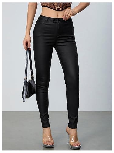 MakeMeChic Women's Faux Leather Stretch Skinny Pants High Waisted Double Button Leggings Club Party Pants thumbnail 3
