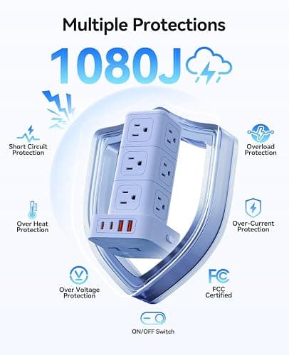 ORICO Power Strip Tower with Multiple Outlets, Tower Extension Cord with 12 AC Outlets 4 USB Ports (2 USB C), Space Saving Design, 5FT Cord Power Tower for Home, Office, Dorm - TPP20 thumbnail 4