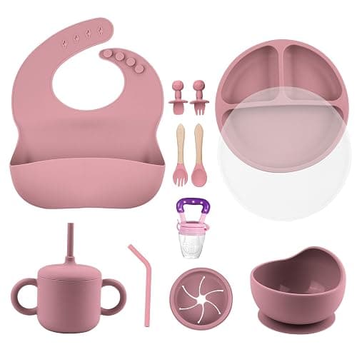 SHGMEET Silikon Baby Geschirrset, Baby-Fütterungsutensilien, Baby-Saugnapf, Teller, Lätzchen, Löffel-Set, Baby-geführtes Entwöhnungszubehör, Spülmaschinenfest (Rosa) - Rosa - Image 1