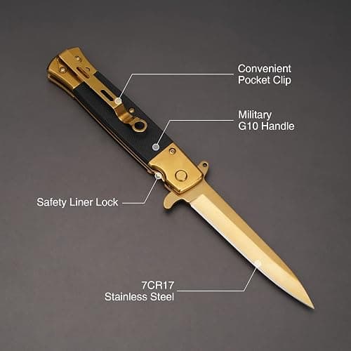 GVDV Folding Pocket Knife with G10 Handle, 7Cr17 Stainless Steel EDC Knife with Safety Liner-Lock, Camping Hunting Fishing Knife for Men Women, Gold thumbnail 2