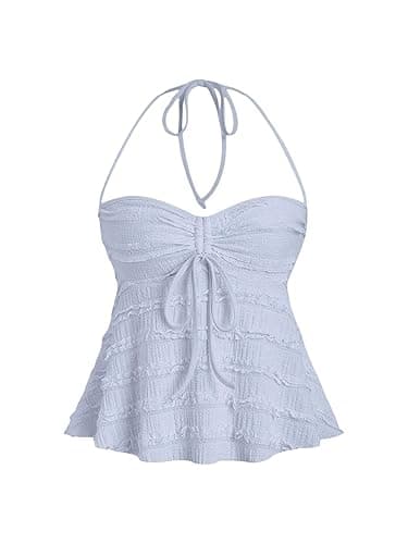 SOLY HUX Women's Peplum Halter Crop Tops Y2K Drawstring Tie Ruched Dressy Casual Spaghetti Strap Cami Top - Small - Light Blue