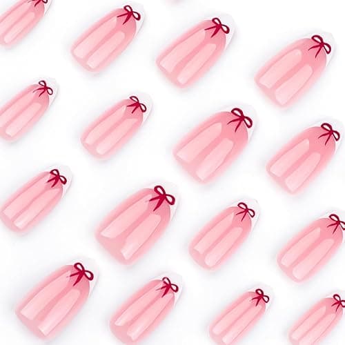 24Pcs Bow Press on Nails Short Almond French Tip Fake Nails Cute Bows Nails Design Holiday Glue on Nails White Nail Tips False Nails with Glue Handmade Nails for Women Valentines Manicure Decoration thumbnail 2