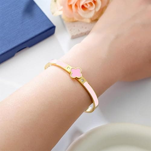 ⭐️KYJAC Clover Bracelets for Women Gold and Silver Chunky Oval Clover Bangle | 18k Gold Plated Stainless Steel,Precision Polished Non Tarnish,Black/White/Red/Pink/Orange Clover Bracelet Gifts for Women thumbnail 5