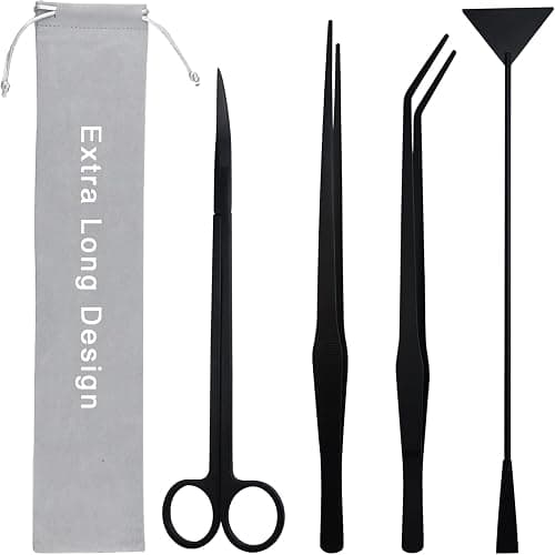 Aquarium Aquascape Tools Kit, Long 15 Inch Stainless Steel Aquatic Plants Tools, 4 in 1 Anti-Rust Black Aquascaping Tweezers Scissors Spatula Scrapers Tool Set for Fish Tank Cleaning Plant Trimming - Image 1