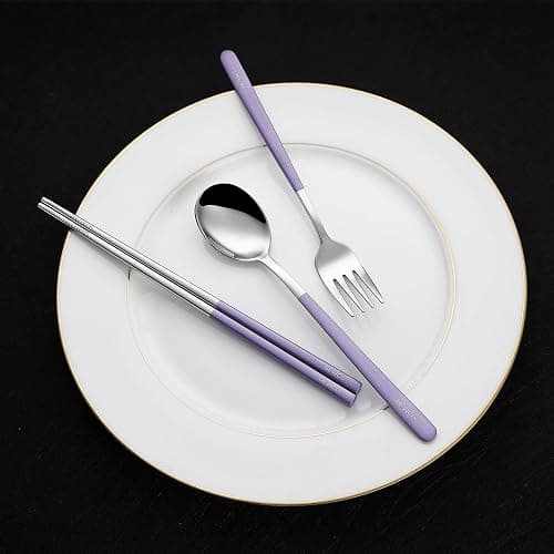 DEVICO Travel Utensils, Portable 18/8 Stainless Steel Silverware Flatware Set, Include Fork Spoon Chopsticks with Case (Purple) thumbnail 5