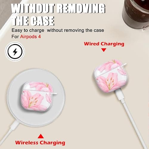 CameCosy Transparent Case Compatible for Airpods 4 Generation 2024 with Flower Pendant, Cute Cover with Pink Lily Flower Pattern for Girls, Protective Case in Shockproof Anti-Scratches Anti-Slip TPU thumbnail 3
