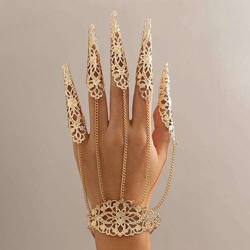 fxmimior Women Silver Gold Black Halloween Punk Black Finger Nails Tip Claw Bracelet Belly Dance Hand Chain Cosplay Costume Black Bracelets for Women thumbnail 2