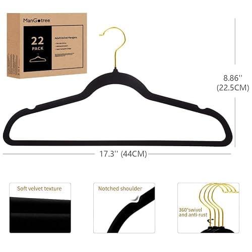 ManGotree Velvet Coat Hangers with 360° Swivel Gold Hook, Non-Slip Felt Suit Hangers, Slim Space Saving Clothes Hanger for Jacket, Sweater, Shirt, Dress, Pants (22 Pack, Black) thumbnail 3