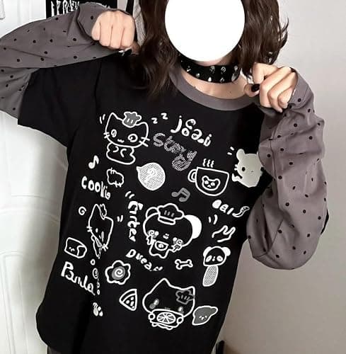 GGOOB Y2k Fake 2 Piece Cute Shirts Women Kawaii Cutecore Graphic Long Sleeve Top Teen Girls 2000s Preppy Aesthetic Clothing thumbnail 2