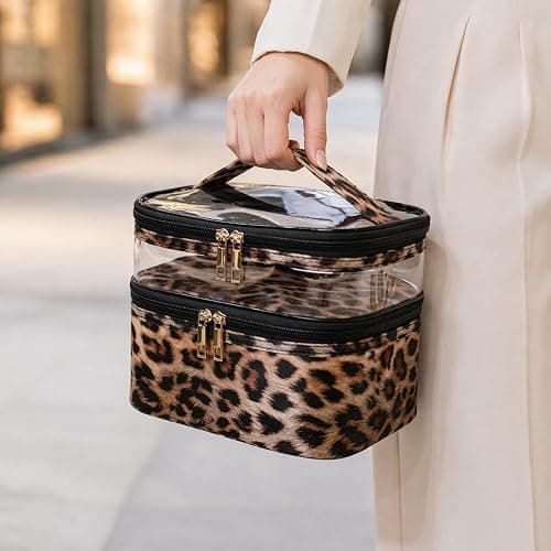 imerelez Double-layer Cosmetic Bag Makeup Bag Travel Makeup Bag Makeup Bags for Women Cosmetics Cases Portable Waterproof Foldable (Leopard) thumbnail 2