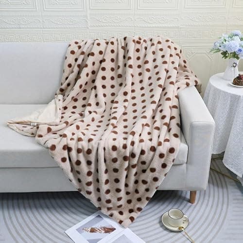 Soft Plush Throw Blanket with Polka Dots, Luxury Faux Fur,Doule Side, Multiple Colors Available,Gift for Women (Khaki and Brown, Twin(63" x 79")) thumbnail 4