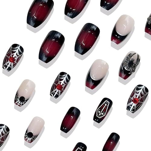 MouyouGlow Press on Nails Kurz,Ballerina Halloween Rot Gradient Schwarz French Spinnennetz 3D Silber Spinnen Crytsal Horror Gothic Fake Nails mit Nagelkleber,Ret Ombre Black Künstliche Fingernägel thumbnail 3