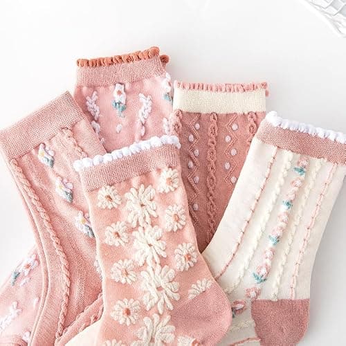 MarJunSep Cute Floral Crew Socks for Women Teen Girls Flower Cottagecore Frilly Vintage Fancy Cotton Socks thumbnail 6