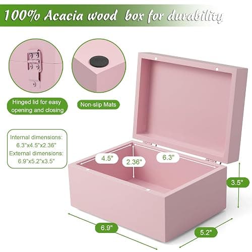 DRASTAR Wooden Box, Small Keepsake Box, Memory Box for Keepsakes, Cute Jewelry Box, Wedding Memory Box with Lids, Pink Decorative Box thumbnail 3