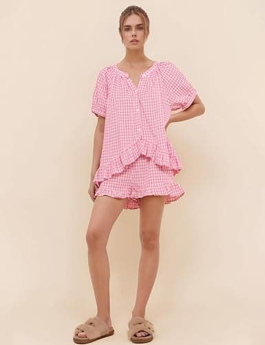 Flygo Womens Gingham Pajamas Set 2 Piece Cotton Pj Lounge Sets Puff Sleeve Ruffle Babydoll Shirt Shorts Summer Outfits thumbnail 2
