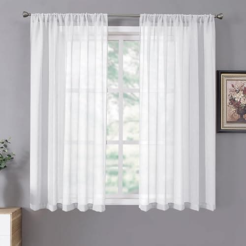 Tollpiz Short Sheer Curtains Linen Textured Bedroom Curtain Sheers Light Filtering Rod Pocket Voile Curtains for Living Room, 54 x 45 inches Long, White, Set of 2 Panels - Image 1