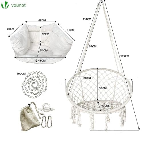 VOUNOT® Hanging Chair with Cushion, Macrame Hammock Swing Chair for Bedroom, Balcony, Patio, Garden, Indoor or Outdoor, 265LBS Capacity, Beige thumbnail 3