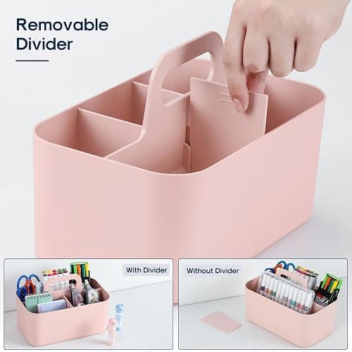 Multiuse Caddy Organizer with Handle, Portable Divided Plastic Tote Bin - Art Craft, Stationary Pen Marker Crayons, Makeup Hair Supplies Storage - Bathroom, Classroom, Dorm, Office, Desk Holder - Pink thumbnail 6
