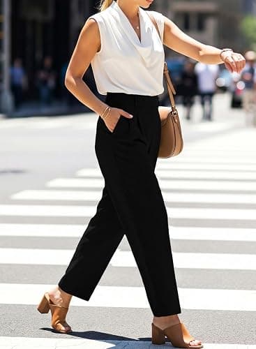 EVALESS Womens Wide Leg Barrel Pants with Pockets | Elastic High Waisted, Loose Fit, Business Casual Dress Trousers, Office Work Teacher Travel Slacks thumbnail 6