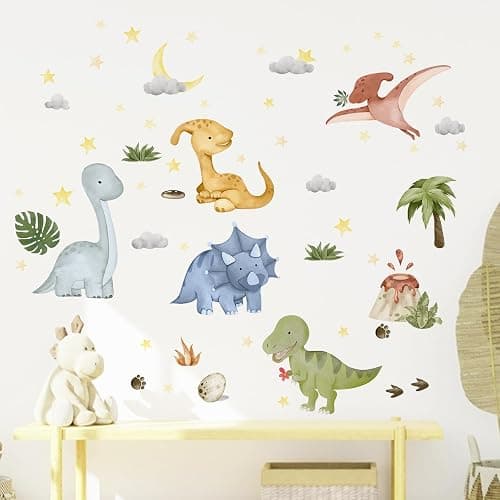 Yovkky Watercolor Baby Dinosaur Wall Decals Stickers, Dino Volcano Tropical Leaf Palm Tree Baby Boy Girl Room Nursery Decor, Cloud Moon Star Neutral Home Decorations Kid Bedroom Playroom Art thumbnail 3