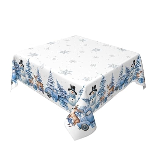 Sphragiyn Winter Tablecloth Square 54×54 Inch Blue Snowman Trees Holiday Xmas Table Cloth Water Resistant Fabric Table Covers for Kitchen Dining Party Home Decor thumbnail 2