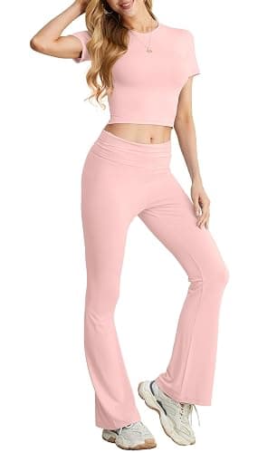 IWOLLENCE Loungewear Sets for Women UK Two Piece Outfit Short Sleeve Crop Top and High Elastic Waist Wide Leg Trousers Co Ord Set - Pink - S thumbnail 2