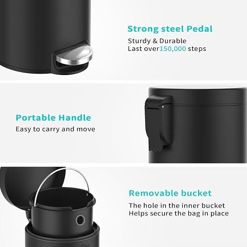 mVm Bathroom Trash Can,1.3 Gallon/5 Lliter Small Trash Can with Lid and Foot Pedal,Soft-Close,Anti-Fingerprin.Step Round Stainless Steel Garbage Can for Bathroom,Bedroom,Office,Living Room(Black) thumbnail 4