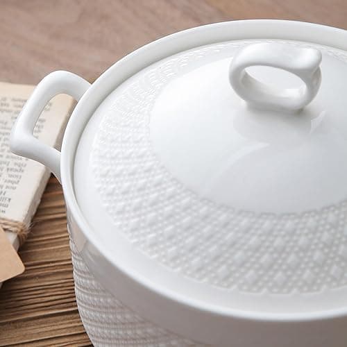 Hgjgwqh White Ceramic Round Tureen Round Porcelain Serving Soup Tureen, Heat-Resistant Premium Ceramic Bowls Lid Cooking Soup for Restaurant Home Kitchen Decoration, White Porcelain,9inch thumbnail 8